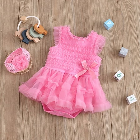 

RPVATI Baby Girls with Headband Summer MeshRuffle Rompers Solid Infant Clothes Sleeveless Bowknot Jumpsuit 0-24M