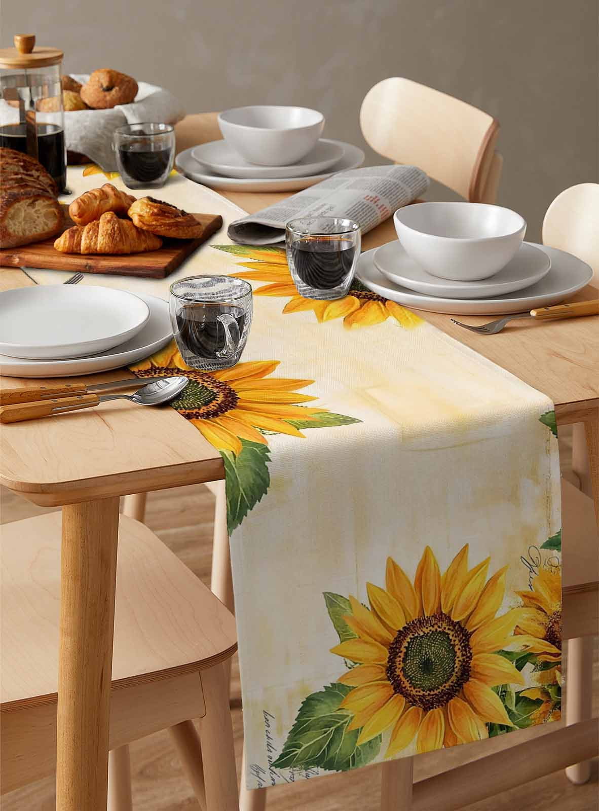 nqOlkjepod Botanical Sunflowers Table Runner 70 Inches Long Farmhouse Dress Scarves, Farmhouse Watercolor Flowers Leaves Dining Tablerunner for Coffee Table/Kitchen Island/Party Décor, 13" x 70"