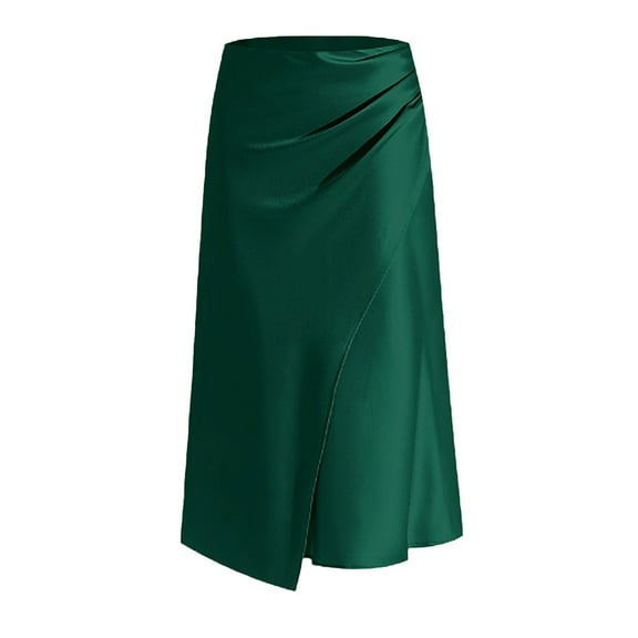 GEWSEY 2025 Women Summer Spring Long Satin Skirt Silk Elegant High Waist Cocktail Party Wedding Flowy A-Line Midi Skirts (Green, M)