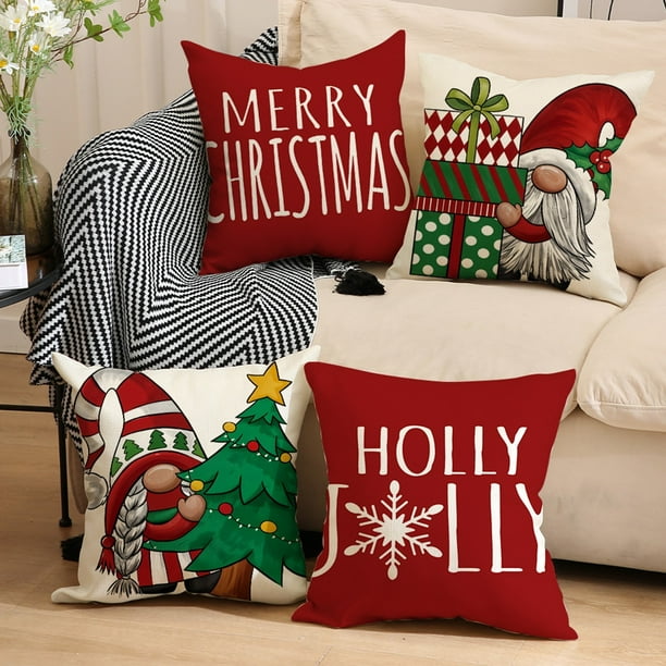 Cojín Navideño Rojo con Diseño de Gnomo, Ideal para Decorar El Hogar. Medidas: 45X45 Cm. Material: Lino. 1 Unidad.