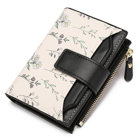 GAEKEAO Women's Bifold Wallet Rfid Blocking Vegan Leather Floral Card Holder with Zipper Pocket and ID Window