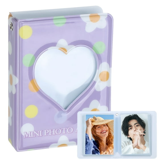 Uxcell 3 Inch Mini Photocard Binder Love Heart Hollow Photocard, Kpop Photocard Binder Album for Id Card, Business Card Storage 40 Photos, Purple