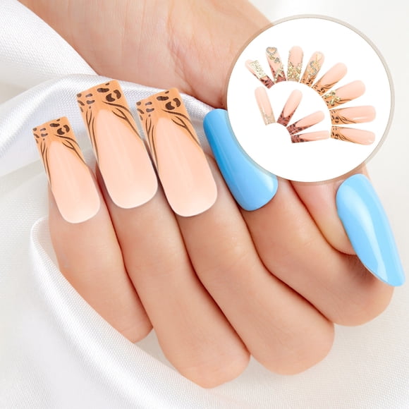 CATIEBYE French Tip Press on Nails Leopard Print Design with Long Coffin Shape and Gold Bow Accents