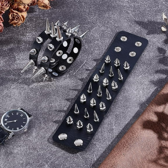 2Pcs Pu Leather Braclet 2 Styles Black Punk Rock Bracelet Leather Cuff Punk Rock Studded Bracelets Adjustable Wide Strap Wristband 80S Gothic Cuff Bracelets for Rocker Outfits