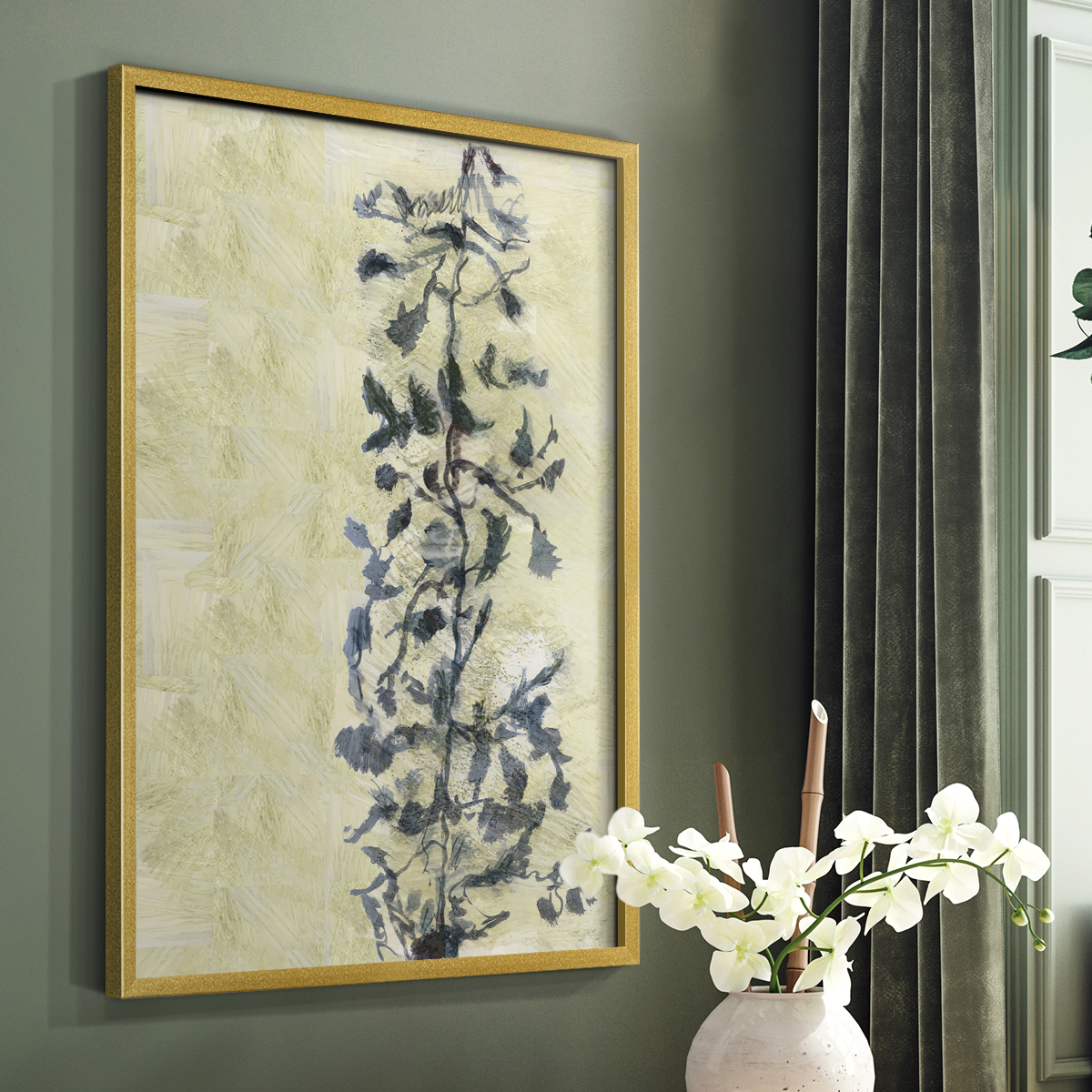 Chinoiserie 2 Tan I Framed Print in Gold Solid Wood Framed Print No Nail Hanging