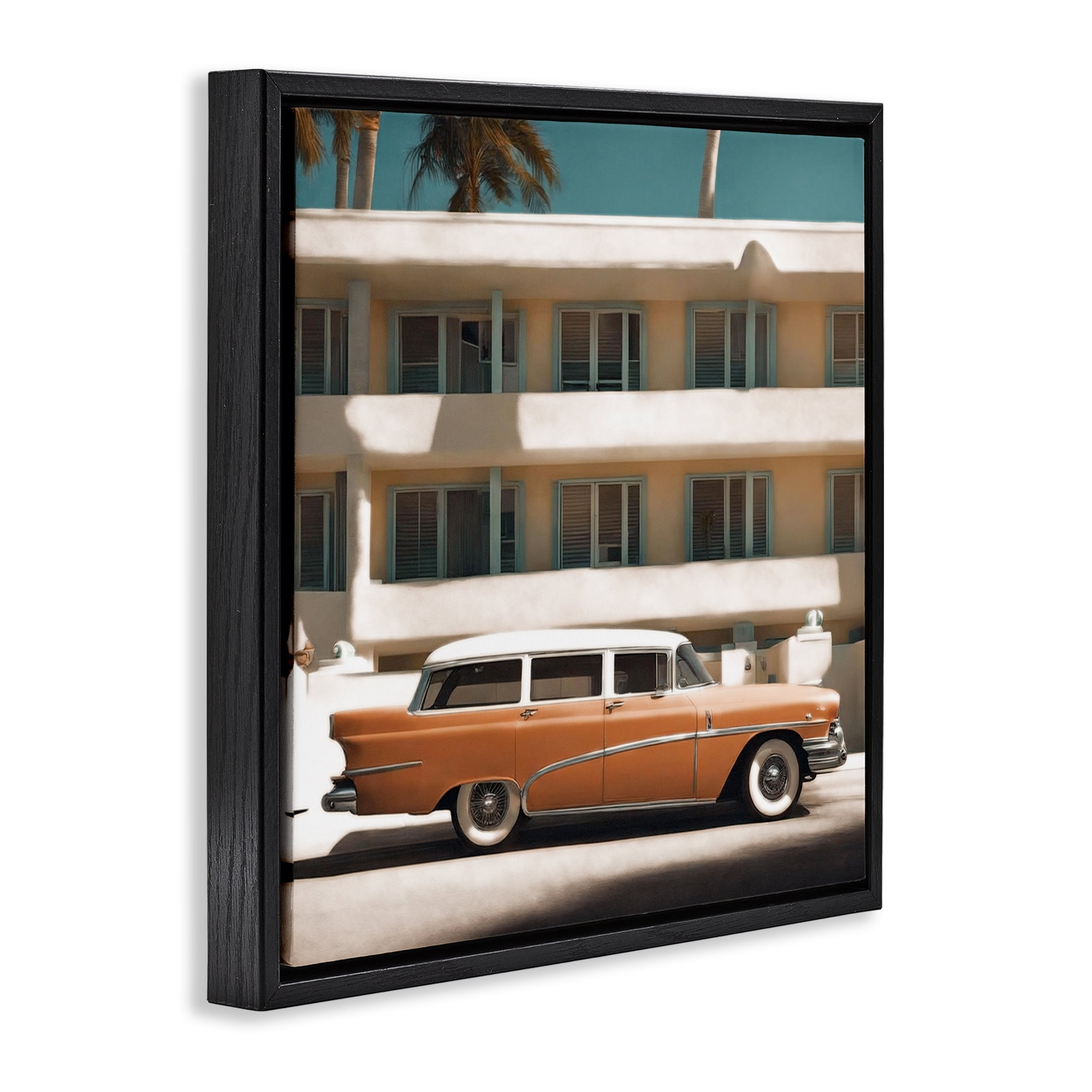Stupell Industries Antique Car in Miami Transportation Painting Black Floater Framed Canvas Art Print Wall Art, 18 x 18