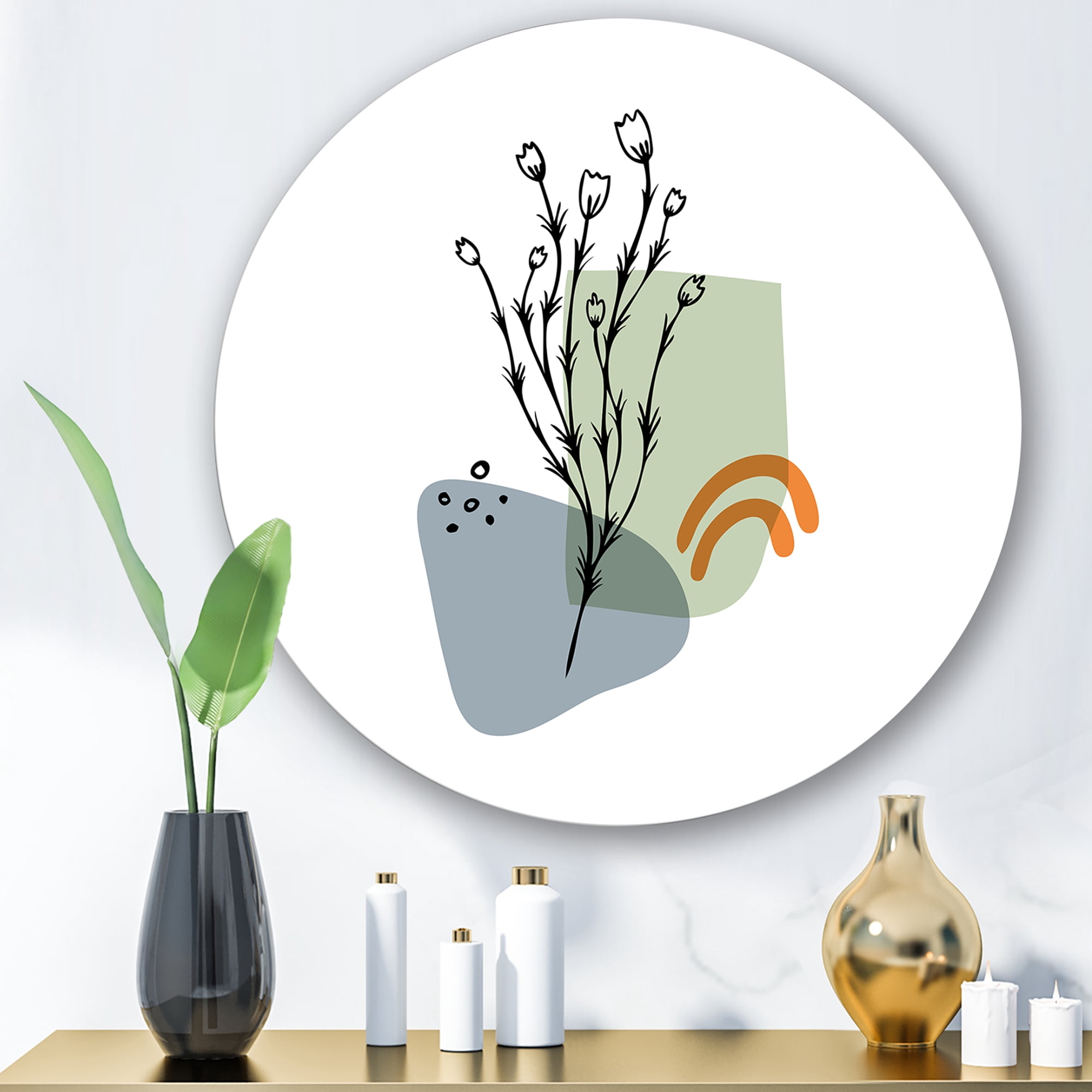 Designart 'Abstract Minimal Shapes Under Flowers II' Modern Circle Metal Wall Art 23x23 - Disc of 23