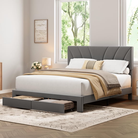Velvet Upholstered Platform Bed Frame Queen Size with Adjustable Headboard and 2 Storage Drawers Wooden Slats No Box Spring Dark Gray for Bedroom Guest Room
