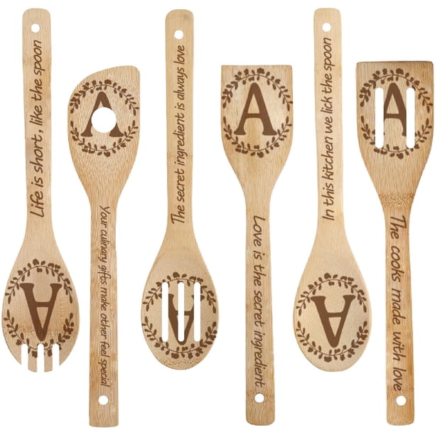 Juego de 6 cucharas de madera con la letra A, utensilios de cocina con monograma y palabras, de bambú natural, talladas y ranuradas.