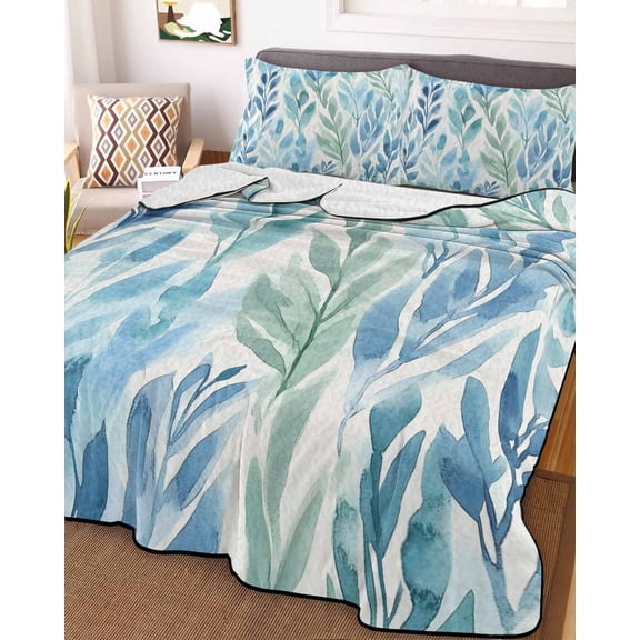 Blue Green Leaf King Size Down Alternative Comforter, Lightweight Comforter Quilt Bedding Set with Pillow Shams Summer Vintage Watercolor Plant All Seasons Bed Comforter Duvet Insert 96"x106"