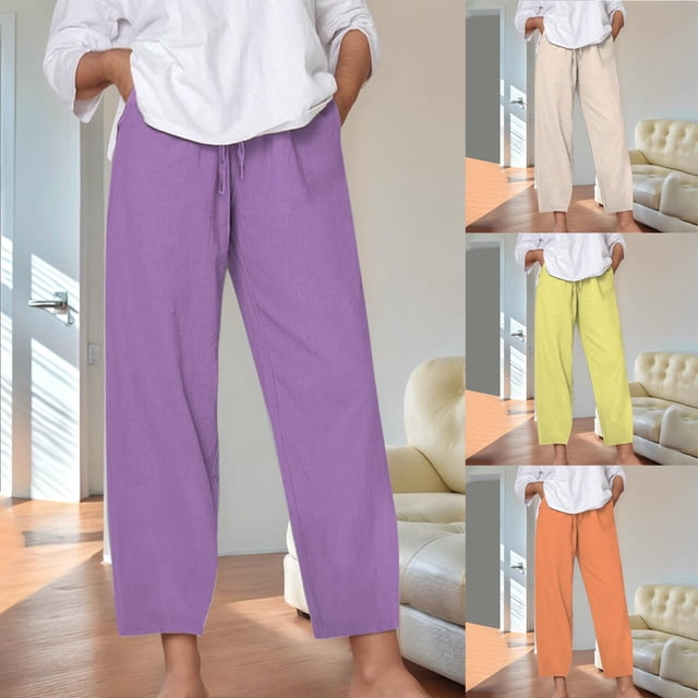 Sentmoon Women Linen Pants Solid Color High Elastic Waist Womens Lightweight Pants Plus Size Loose Fit Straight Leg Summer Womens Spring Pants for Working Out and Gym