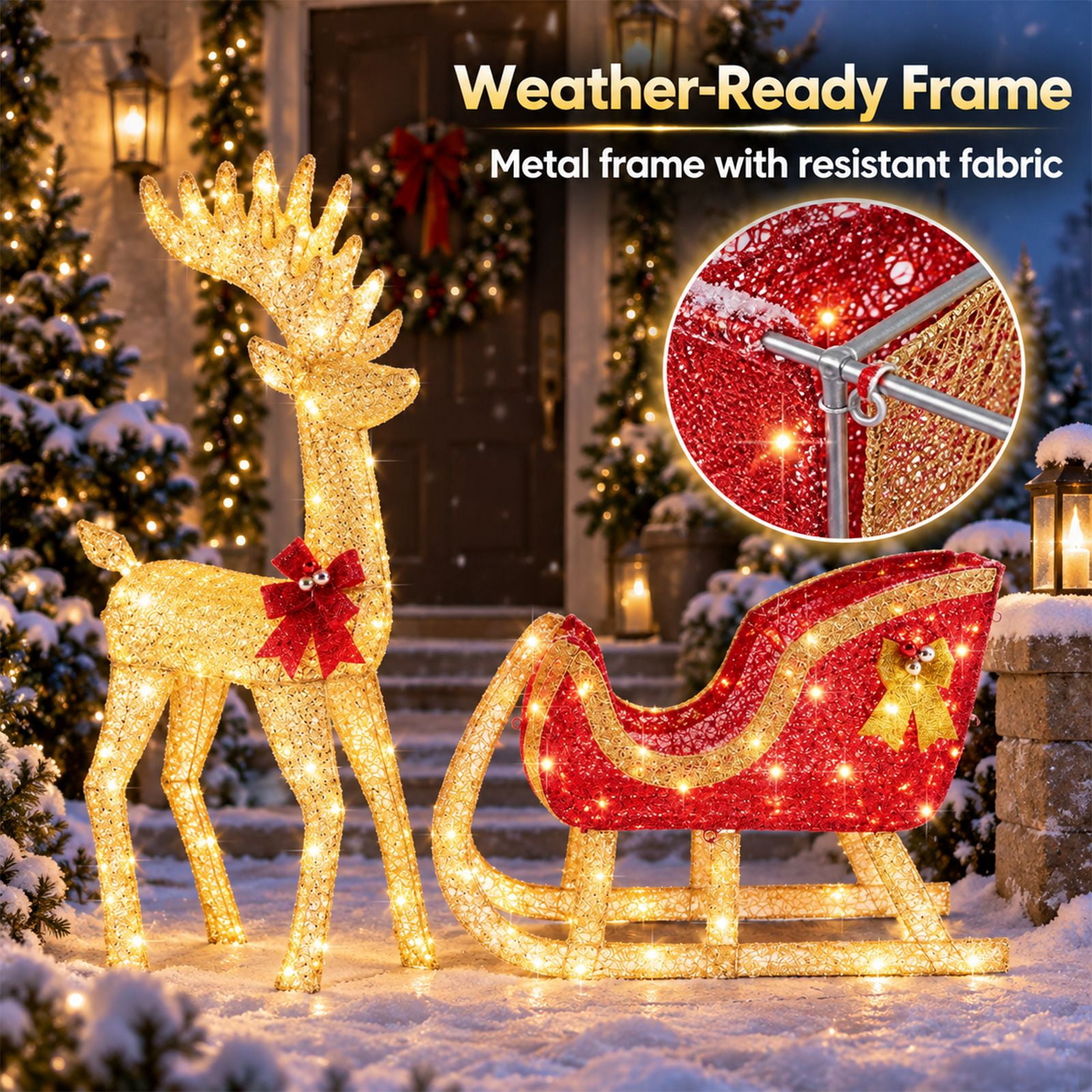 Alvantor Christmas Decoration Lighted Reindeer Sleigh, 180 LEDs, Yard Decor, Gold, 25.6 x 9.1 x 47.6 In