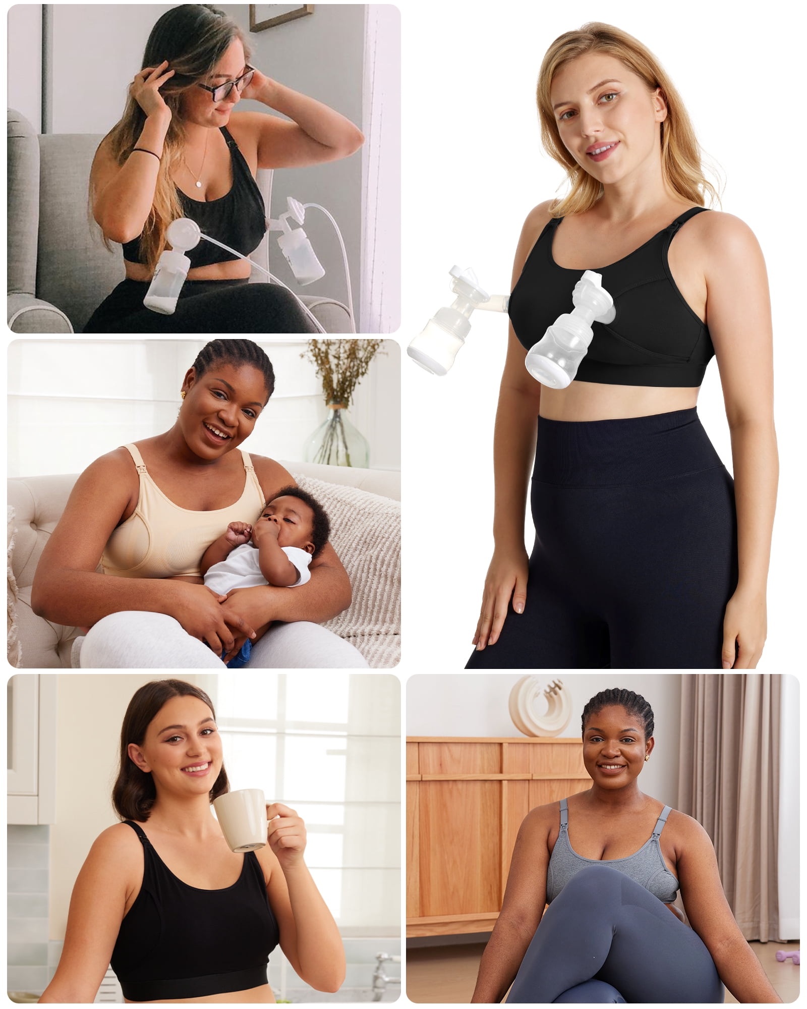 Momcozy Breast Pump Bra (Black/ Beige) Hands Free Pumping and Nursing Bra for Most Breast Pumps Large