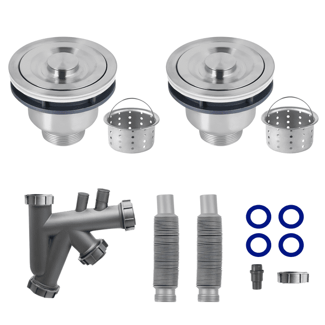 Kit Desagüe YMA Home para Tarja Cocina 2 Contra Canasta con Colador Sifón Flexible Acero Inoxidable Plateado
