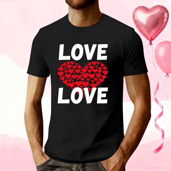EchfiProm Mens Graphic Tees Short Sleeve Black Shirts Crewneck Graphic Valentine Tops for Big and Tall Men Love Heart M