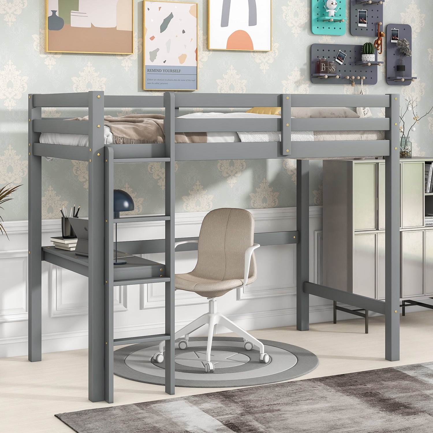 SYNGAR Twin Bed Frame, Solid Wood Loft Bunk Bed with High Guardrails