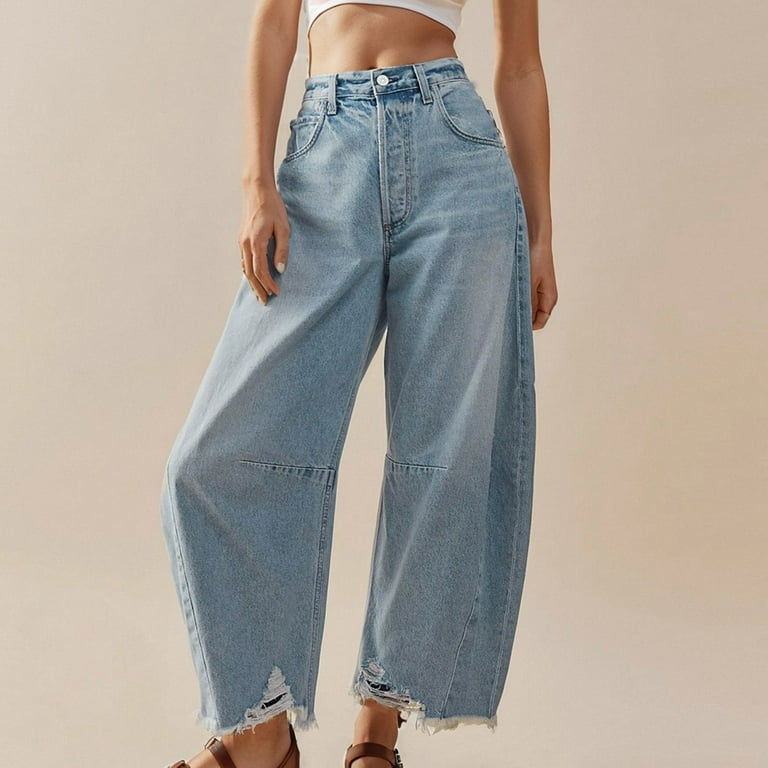 JHLZHS Capri Jeans For Women Petite Short Women Baggy Wide Leg Jeans Barrel Boyfriend Cropped Hem Denim Pants Jeans For Women Trendy Stretch Mid Rise