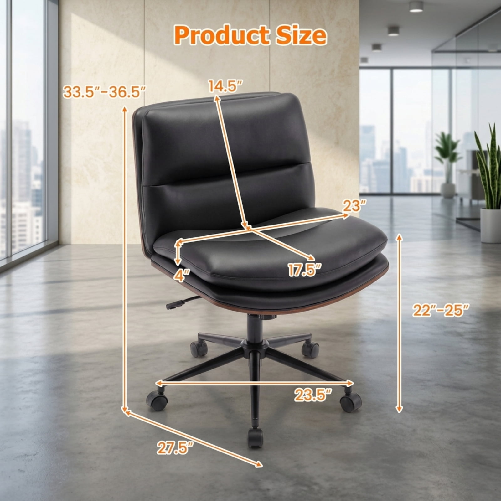 Furnibear Armless Office Chair with Curved Backrest and Padded Faux Leather Seat Small Rolling Task Chair for Home Office Vanity Bedroom Study, Black