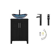 ELECWISH 24 Inches Bathroom Vanity in Black Finish with Glass Boat-Shaped Vessel Sink, Single Bathroom Vanity with Top, 2-Door Cabinet