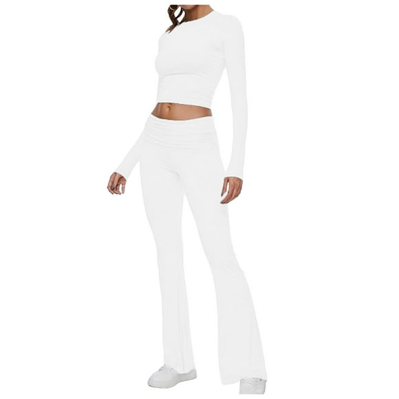 Wyzesi Casual Shorts Suit for Women White Women's Two Piece Sets Fold Over Flare Pants Set Long Sleeve Cropped Top Casual Outfits Pajamas Sets Shorts Suit Women Red