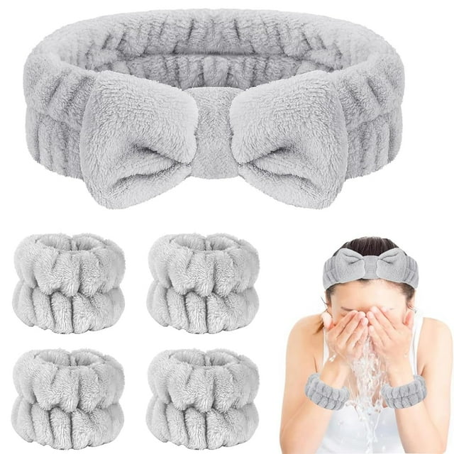 Seakcoik - Juego de 5 diademas y muñequeras para lavado de cara para mujer, banda para el pelo para lavarse la cara, maquillaje, cuidado de la piel (gris)