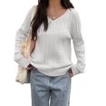 thumbnail image 3 of Women Long Sleeve Cable Knit Sweater Fashion V Neck Fitted Pullover Top Business Casual Fall Outfits White XL, 3 of 7