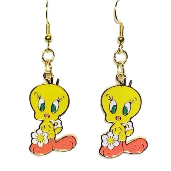 Tweety Bird with Flower Enamel Metal Earrings