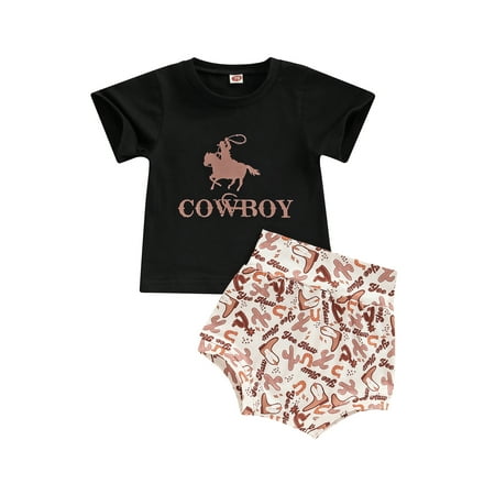 

Amuver Infant Boys Summer Outfits Cowboy Print Short Sleeve T-shirt and Cactus Print Casual Shorts Set