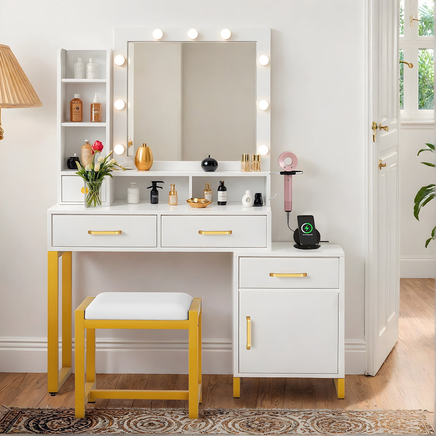 Uforic Vanity Mirror with Lights and Table Set, 3 Color Adjustable Lighting Brightness & Power Outlet, Hair Dryer Rack, White
