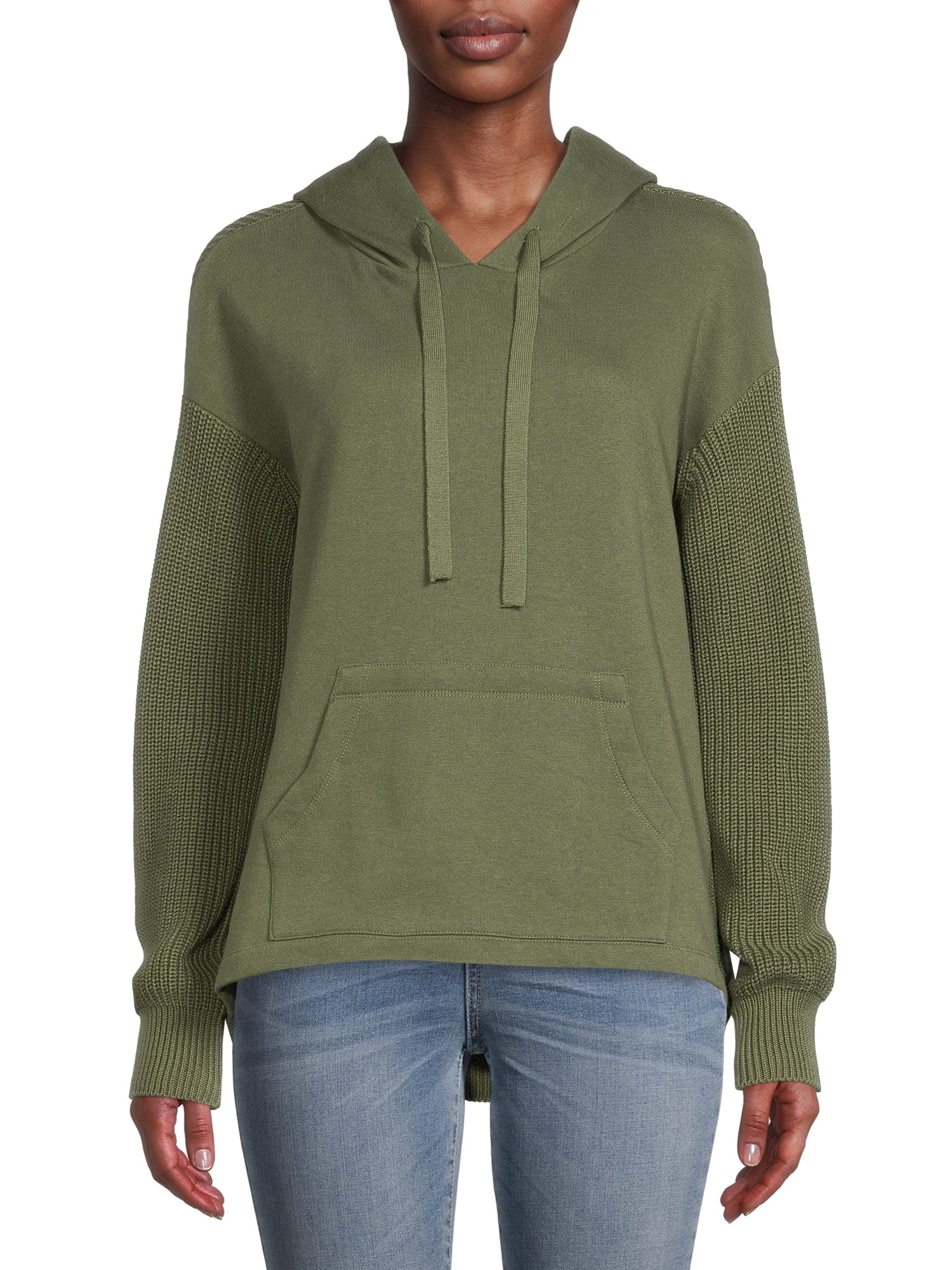 Time and Tru Women's Long Sleeve Mixed Media Pullover Hoodie