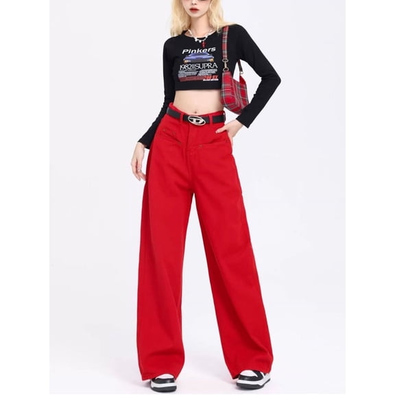 HLSOHJP Women's Red High Waisted Straight Jeans Vintage American Street Cool Girl High Waisted Pants Female Loose Retro Denim Trousers