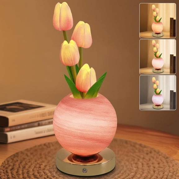 Tulip Table Lamp, Rechargeable Cordless Touch Dimming Artificial Tulip Flower Desk Lamp, LED Flower Bedside Night Light Romantic Gifts for Girl Women Mom