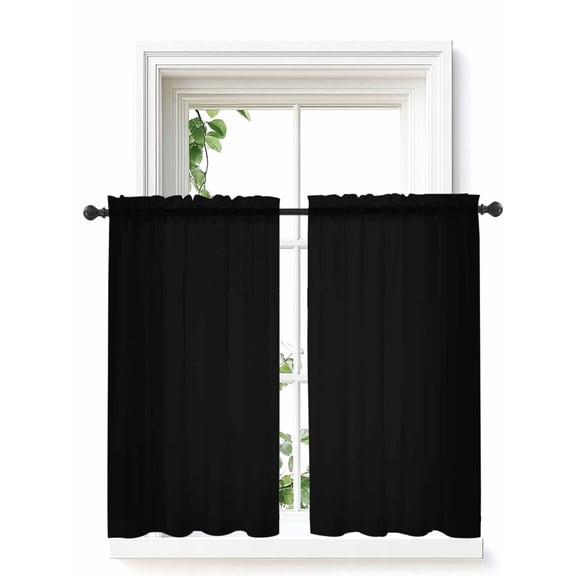 Pure Black Tier Curtains 45 Inch Length, Sheer Curtains for Bedroom Living Room Window Simple Solid Color Rod Pocket Voile Drapes Kitchen Curtains Small Half Window 27.5"x45" 2 Panels