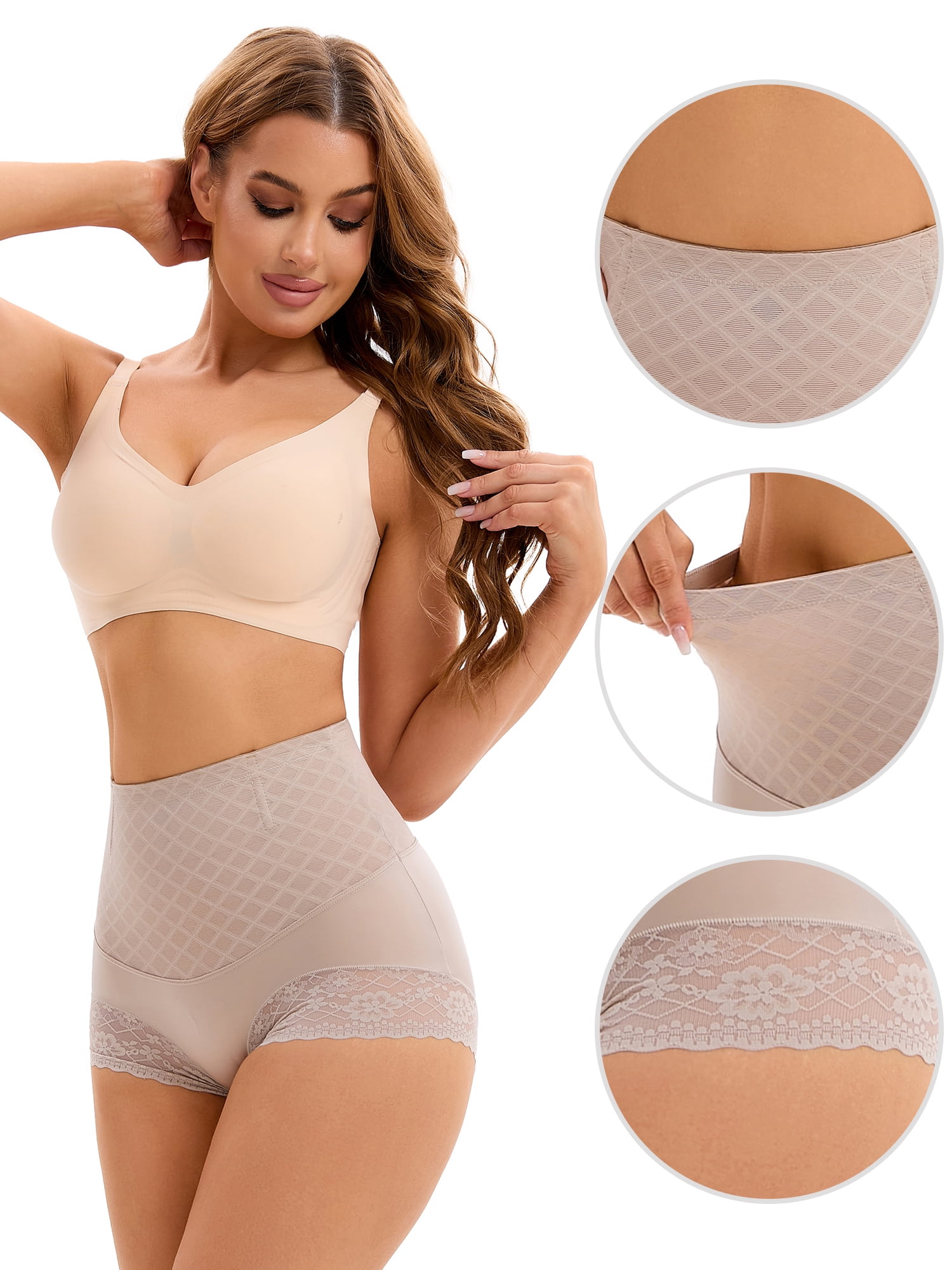 DARING DIVA Women's Tummy Control Lace Mesh Underwear Brief Shapewear Panties Beige M