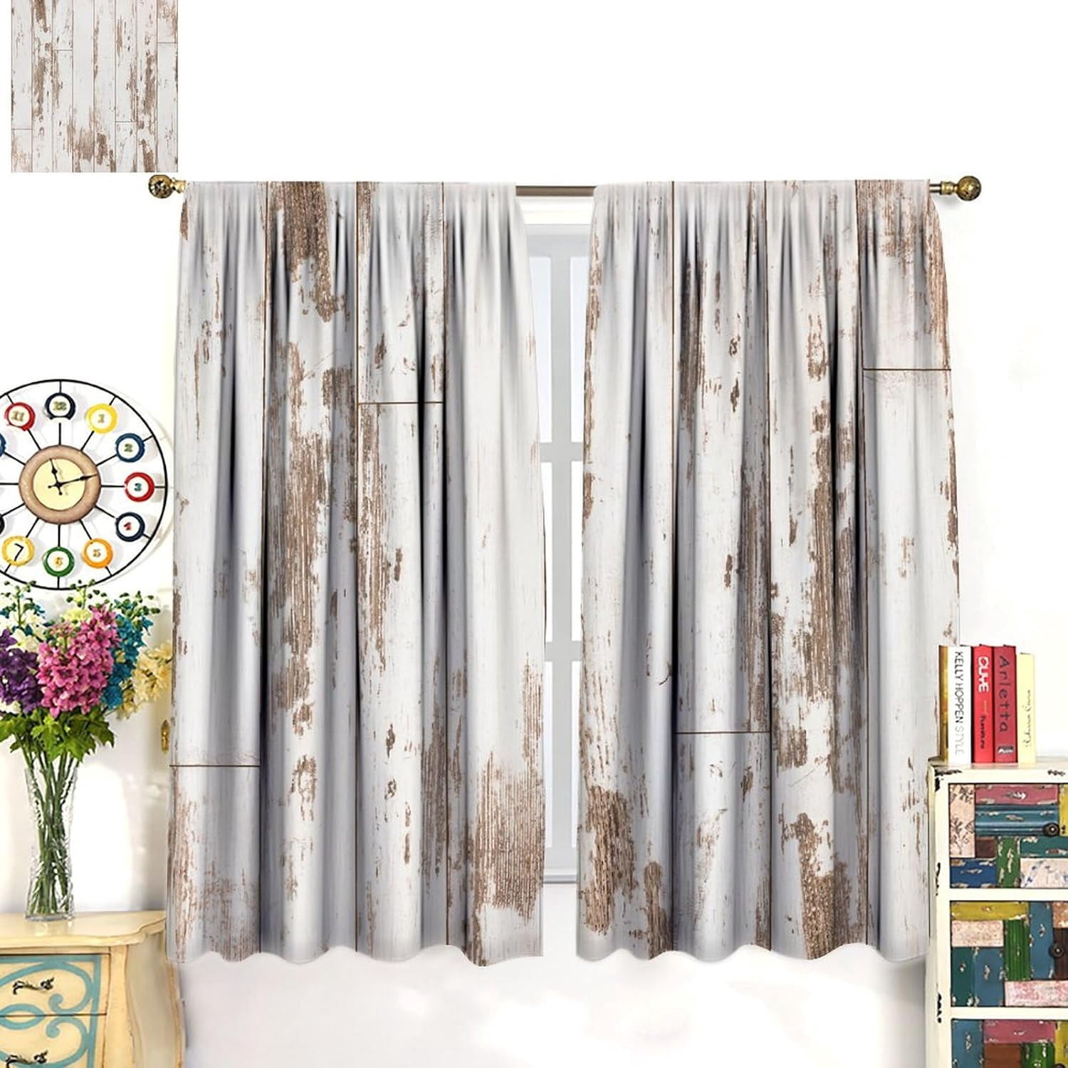 Rustic Curtains Farmhouse Wood White Blackout Print Rod Pocket Window Drapes for Bedroom Living Room 42x54in