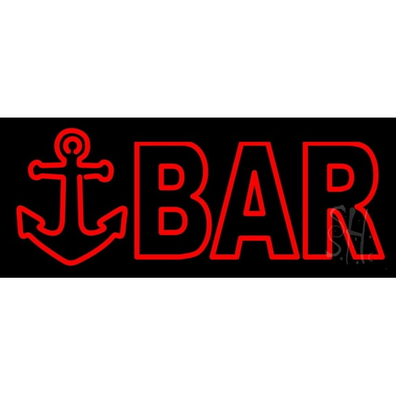 Double Stroke Red Bar With Anchor LED Neon Sign 13 x 32 - inches, Clear Edge Cut Acrylic Backing, with Dimmer - Bright and Premium built indoor LED Neon Sign for Bar decor.
