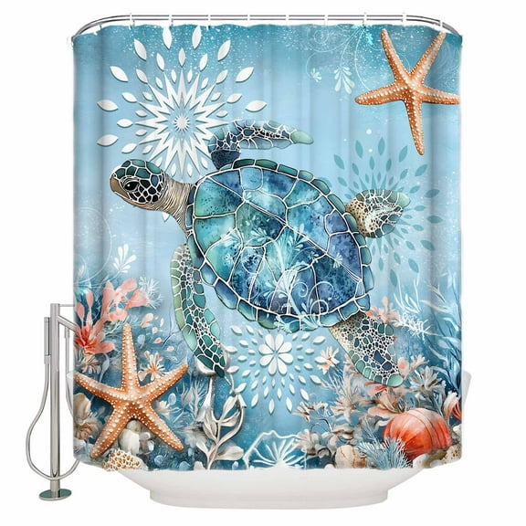 54x78 Inch Shower Curtain Decorative Blue Coastal Sea Turtle Bathtub Bath Curtains Fabric Waterproof Bathroom Decor Summer Beach Starfish Botanical Small Stall Shower Curtain Set with 12 Hooks