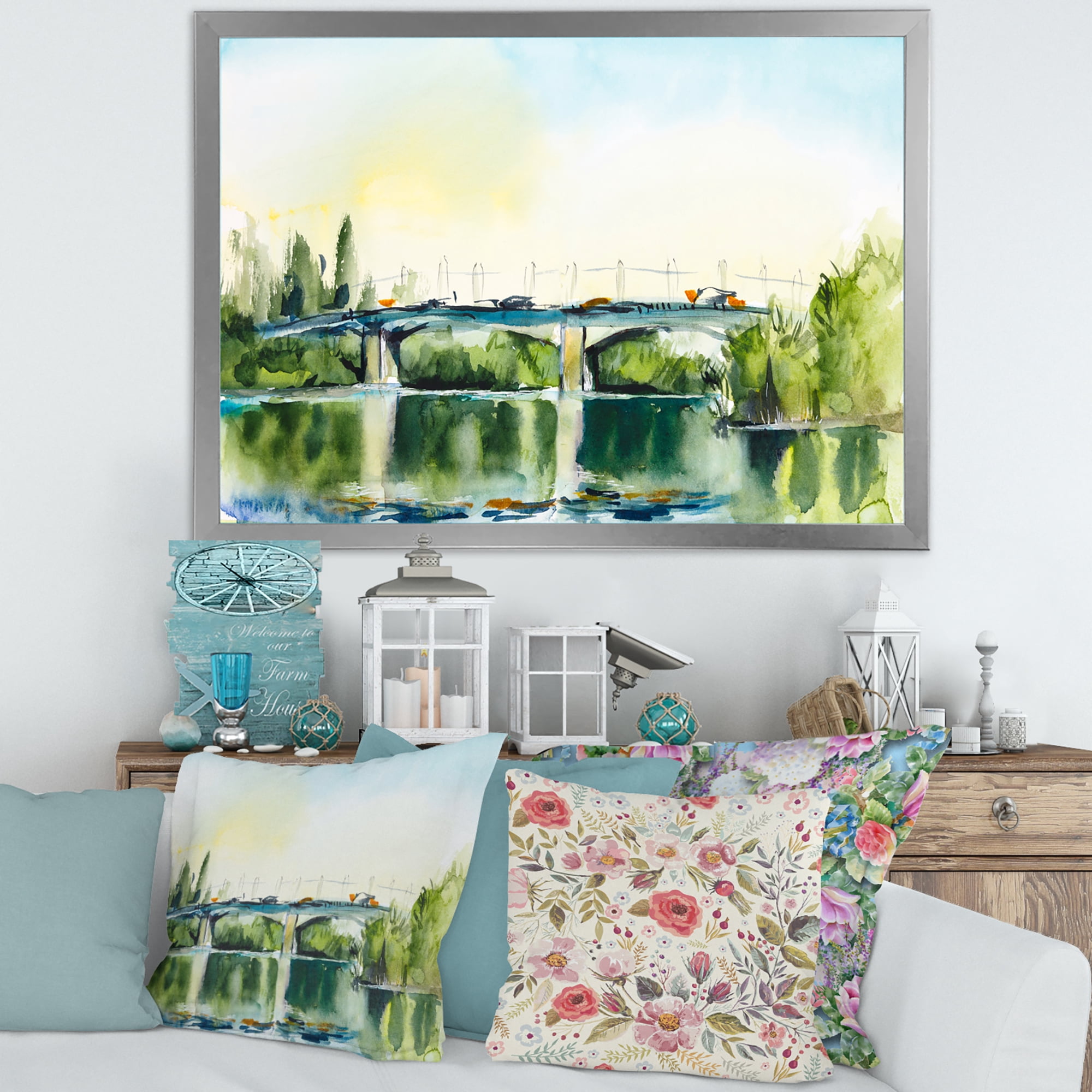 Designart 'Landscape With Old Bridge Over River In The Countryside' Traditional Framed Art Print