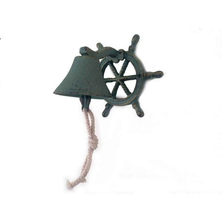Antique Bronze Cast Iron Hanging Ship Wheel Bell- Nautical Bell- Metal Wall Art- Nautical Cast Iron Bell