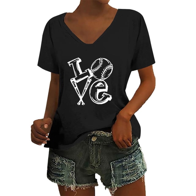 WZXFASHION T-shirt à Manches Courtes Col en V Imprimé Couleur Unie pour Femmes Festival de Baseball Liquidation