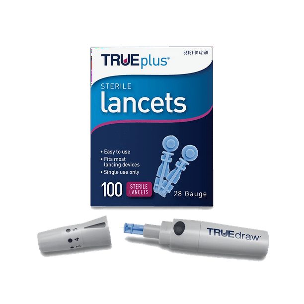 1 TRUEdraw Lancing Device and True Plus Lancets 28g, Box of 100