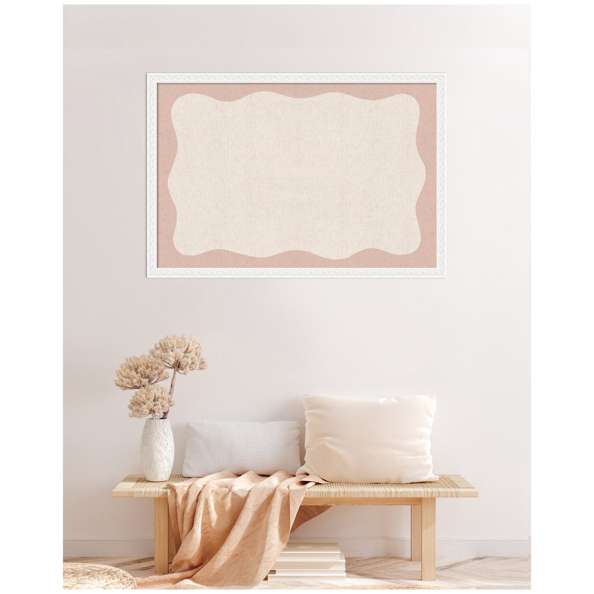 Kate and Laurel Framed Fabric Pinboard 38 x 26,  Printed Linen Decorative Bulletin Board for Use as a Vision Board or Wall Organization, Bethany White Frame