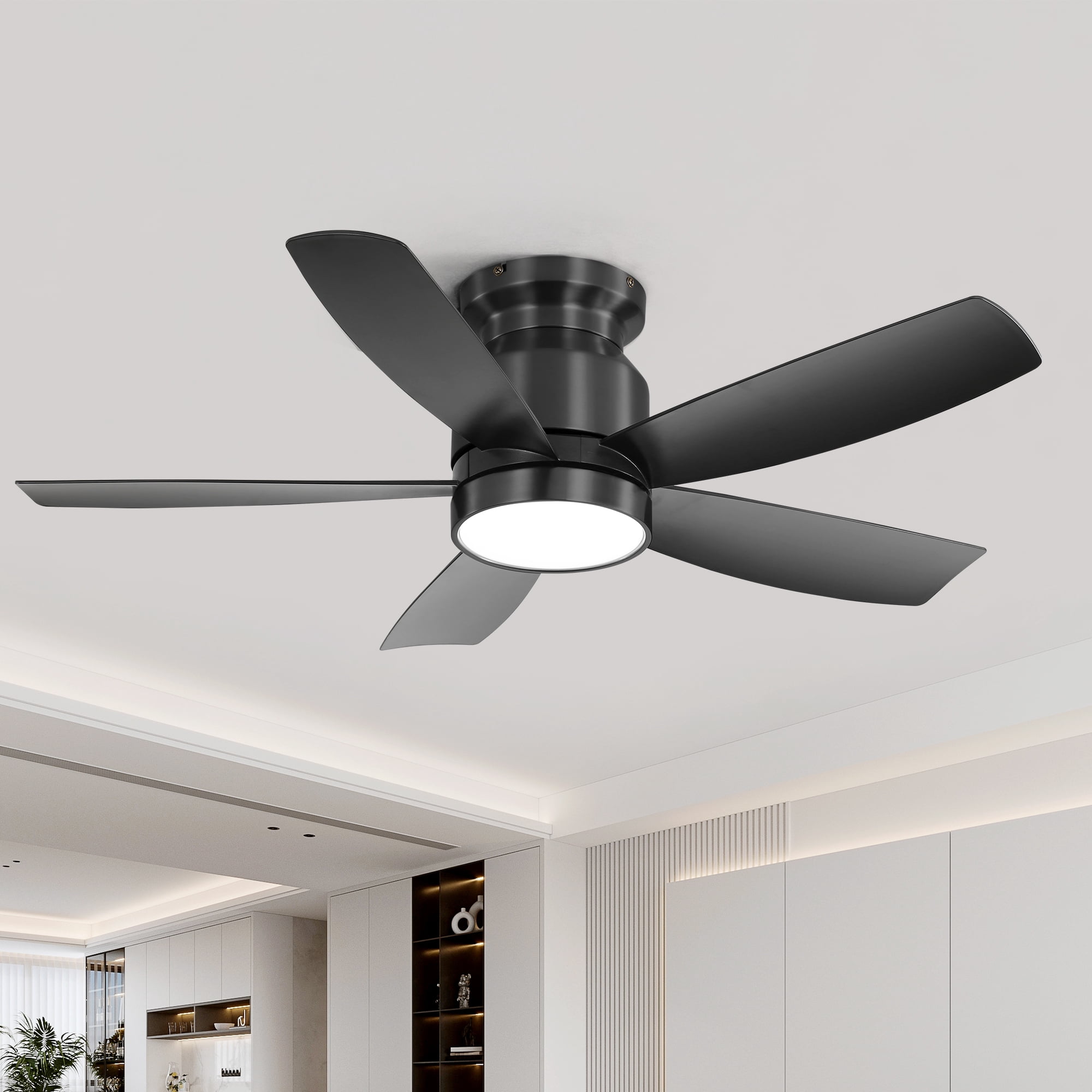 Izzovium 42 Inch Flush Mount Ceiling Fan with Remote, LED Light, 5 ABS Blades, Black, for Bedroom and Living Room
