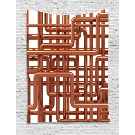 Industrial Tapestry, Knot of Pipes Complex Design with Entangled Lines Hardware Industry Art, Wall Hanging for Bedroom Living Room Dorm Decor, Bronze and White, by