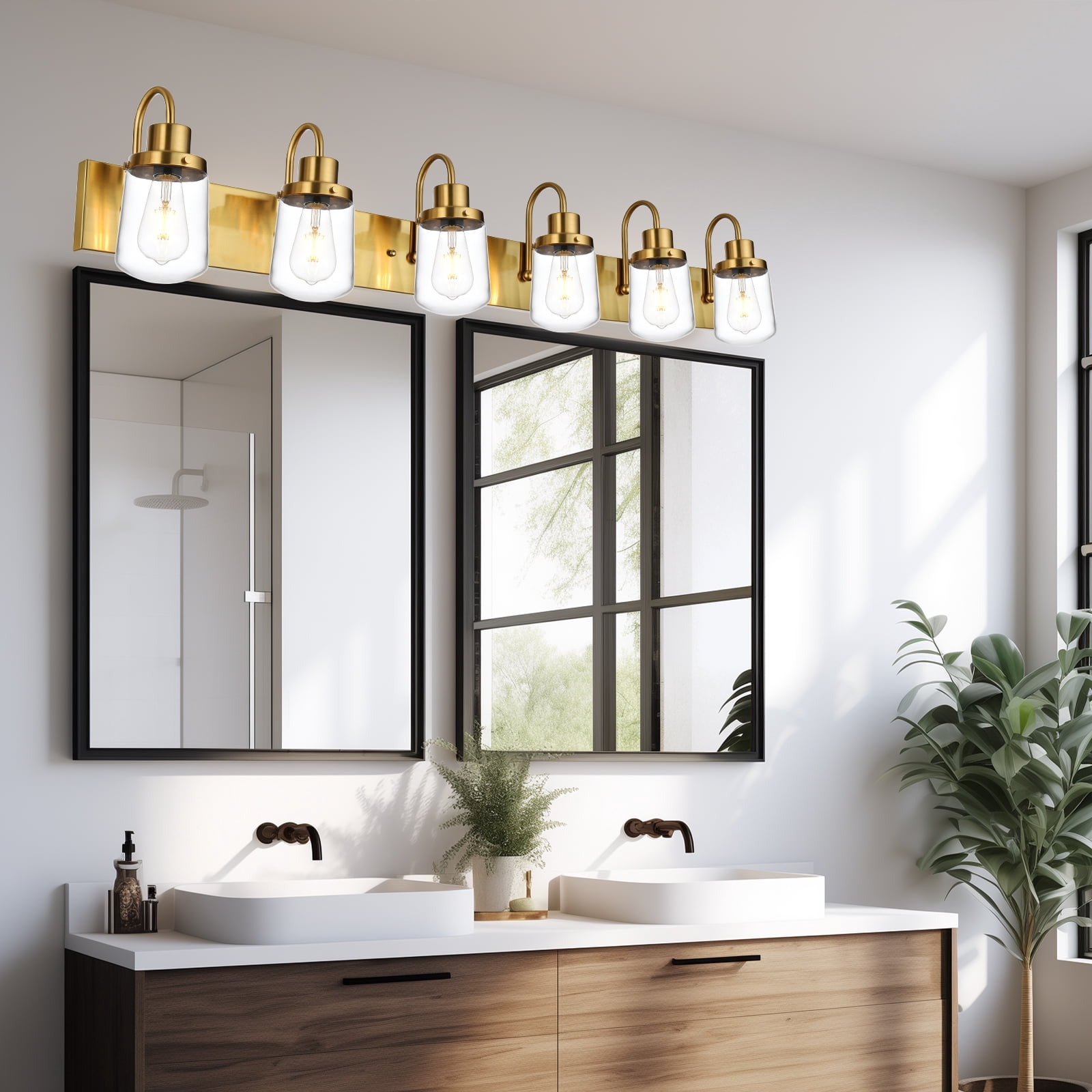 Melucee Bathroom Vanity Light Fixtures in Painted Gold, 6-Light Farmhouse Vanity Light with Clear Glass Shades, Bathroom Lighting Fixtures Over Mirror, Vanity Light Fixture Indoor