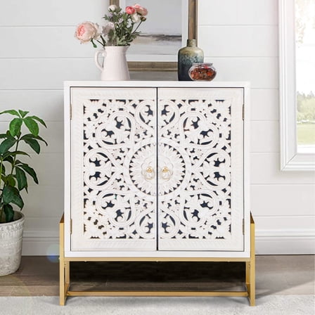 Sophia & William 2-Door Flower Hollow-Carved Metal Feet Accent Cabinet-White