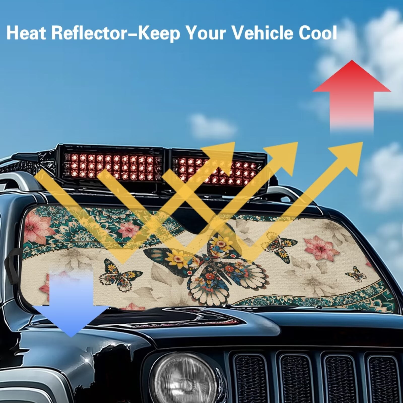 HUIACONG Butterfly Turtle Windshield Sun Shade Heat Shield Sun Visor Mat Compatible with Jeep Wrangler Rubicon Sahara TJ JK JKU 2 Door & 4 Door