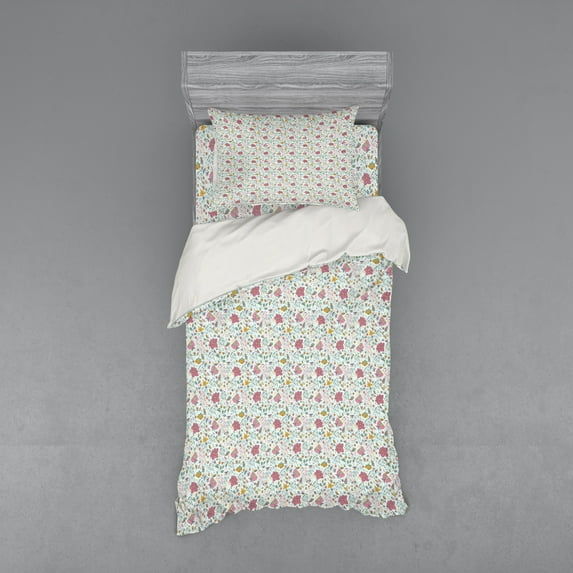 Ambesonne Floral Bedding Set 3 Pcs, Flowers Berries Leaves Art, Twin XL, Pink Multicolor
