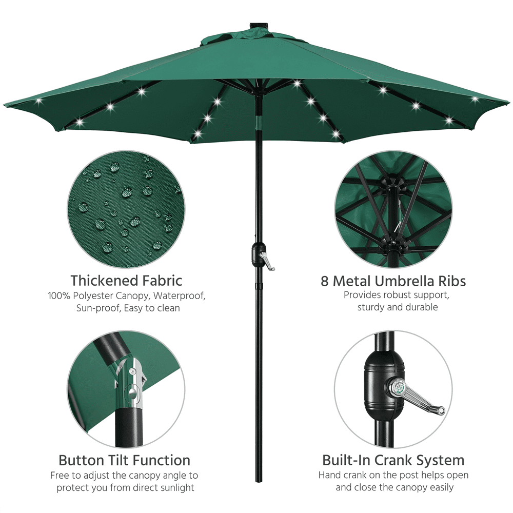 Renwick 9ft Outdoor Market Patio Umbrella with 32 LED Lights and Base Stand, Dark Green