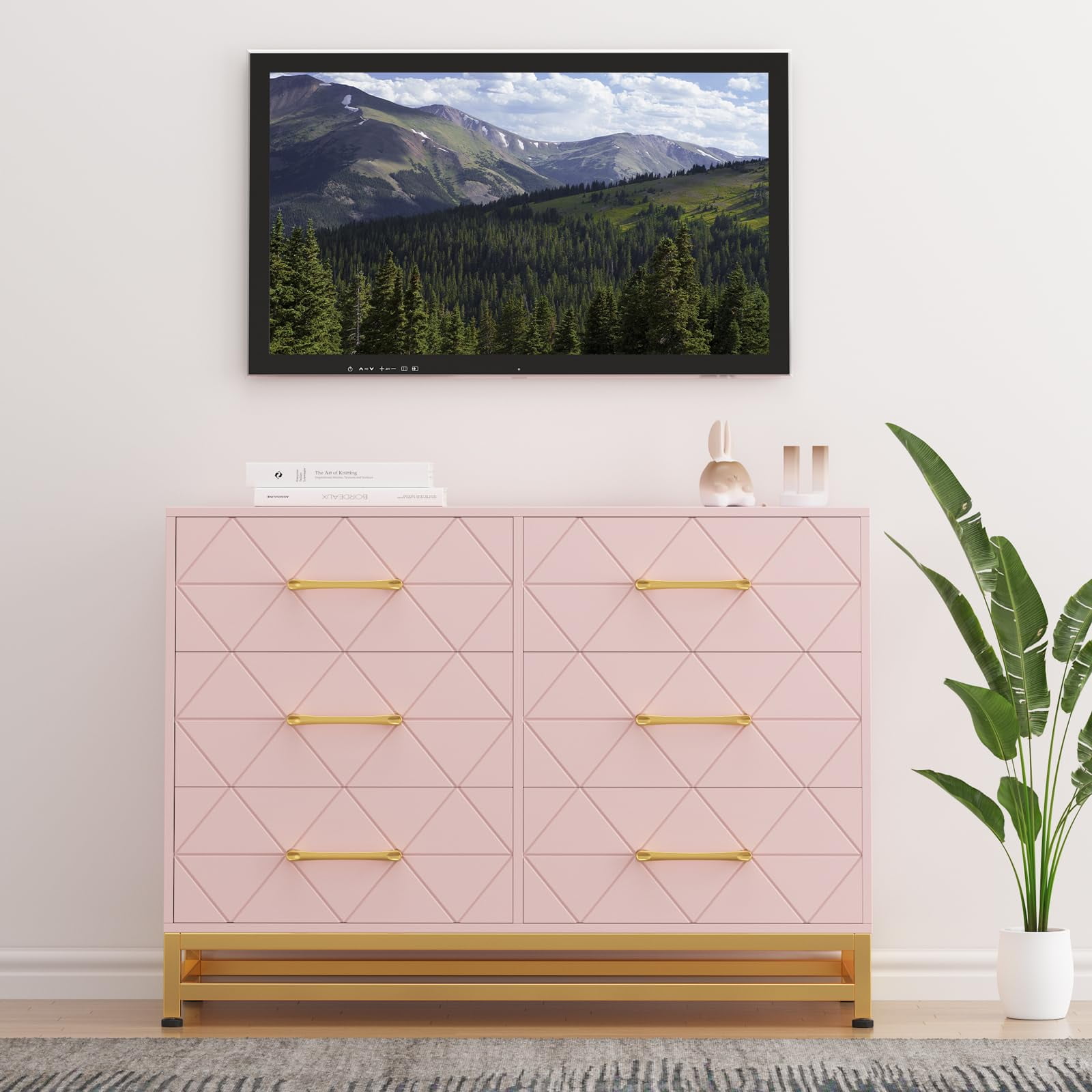 TROPOW Dressers & Chests of Drawers,6 Drawers Dresser for Bedroom, TV Stand Dressers Chest of Drawers for Living Room Hallway Entryway, Pink